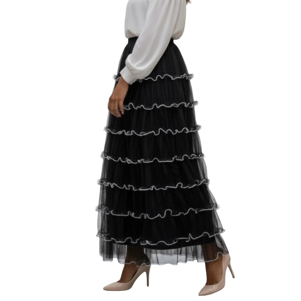 #A116   Nancy  Black Tiered Pearlcore Maxi Skirt mesh tulle NWT size M